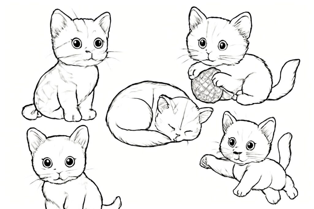 téléchargez et imprimez gratuitement 5 dessins adorables de chatons pour divertir et occuper agréablement vos enfants avec des activités de coloriage créatives.