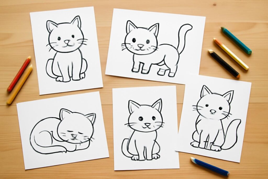 découvrez 5 dessins de chat à imprimer et à colorier, parfaits pour divertir les enfants à la maison avec des activités créatives et faciles.