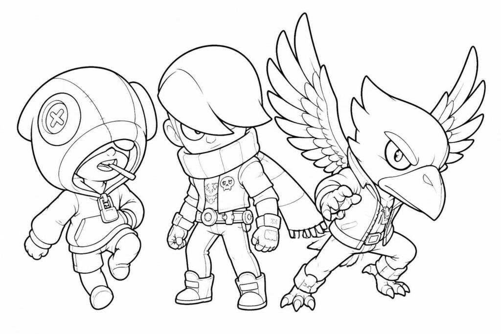 téléchargez et imprimez gratuitement des coloriages brawl stars avec léon, edgar et corbac. amusez-vous avec des dessins à colorier faciles et captivants pour tous les âges.