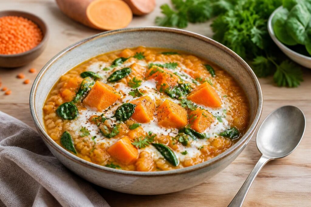 découvrez une délicieuse recette de dahl de lentilles corail à la patate douce, aux épinards et au lait de coco, parfaite pour un repas équilibré et savoureux.