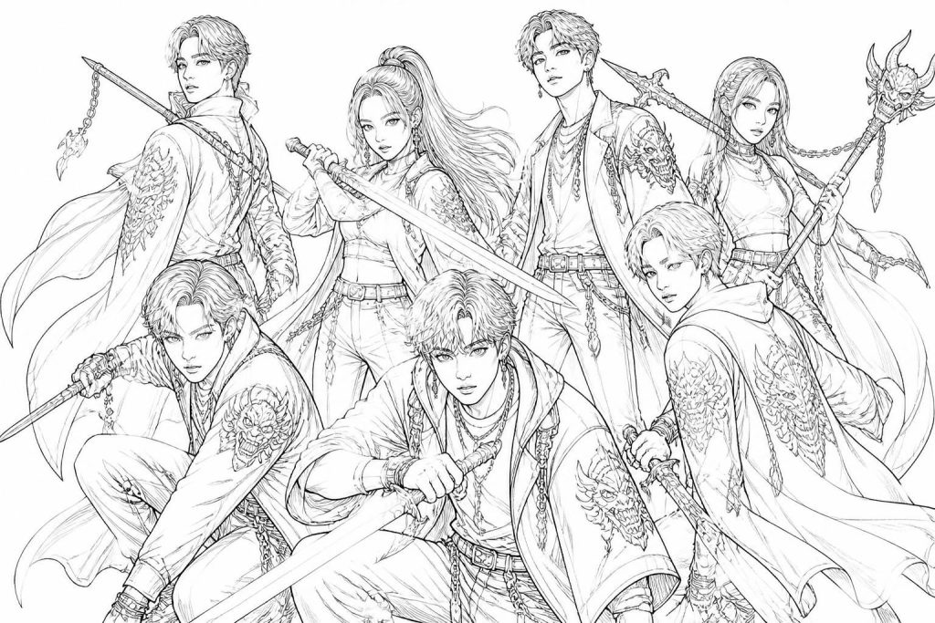 découvrez notre dessin k pop à imprimer et colorier, spécialement conçu pour les fans de demon hunters. amusez-vous à personnaliser vos personnages préférés avec des couleurs éclatantes !