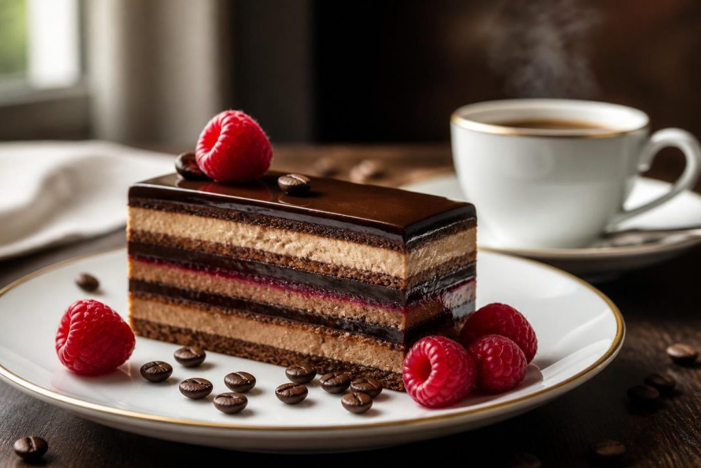 découvrez nos recettes délicieuses d'opéra chocolat avec des variantes gourmandes au café et à la framboise pour un dessert exquis et raffiné.