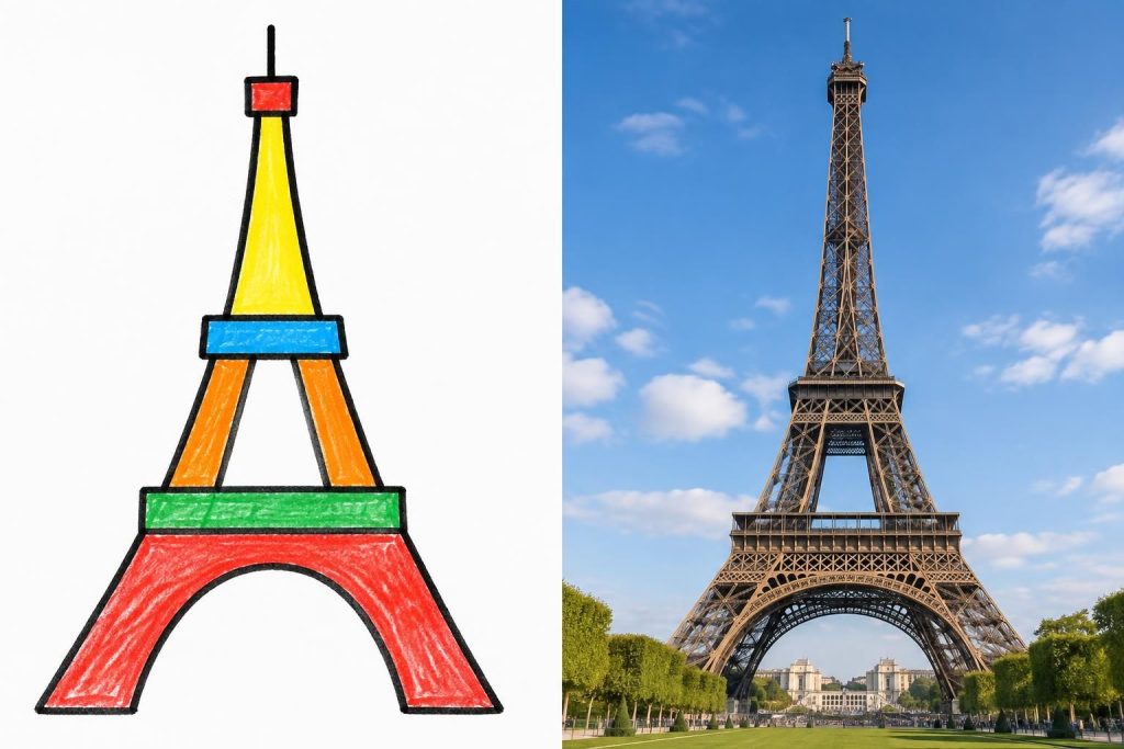 apprenez à dessiner la tour eiffel facilement, avec un modèle simple pour enfants et une version réaliste en couleur, étape par étape.