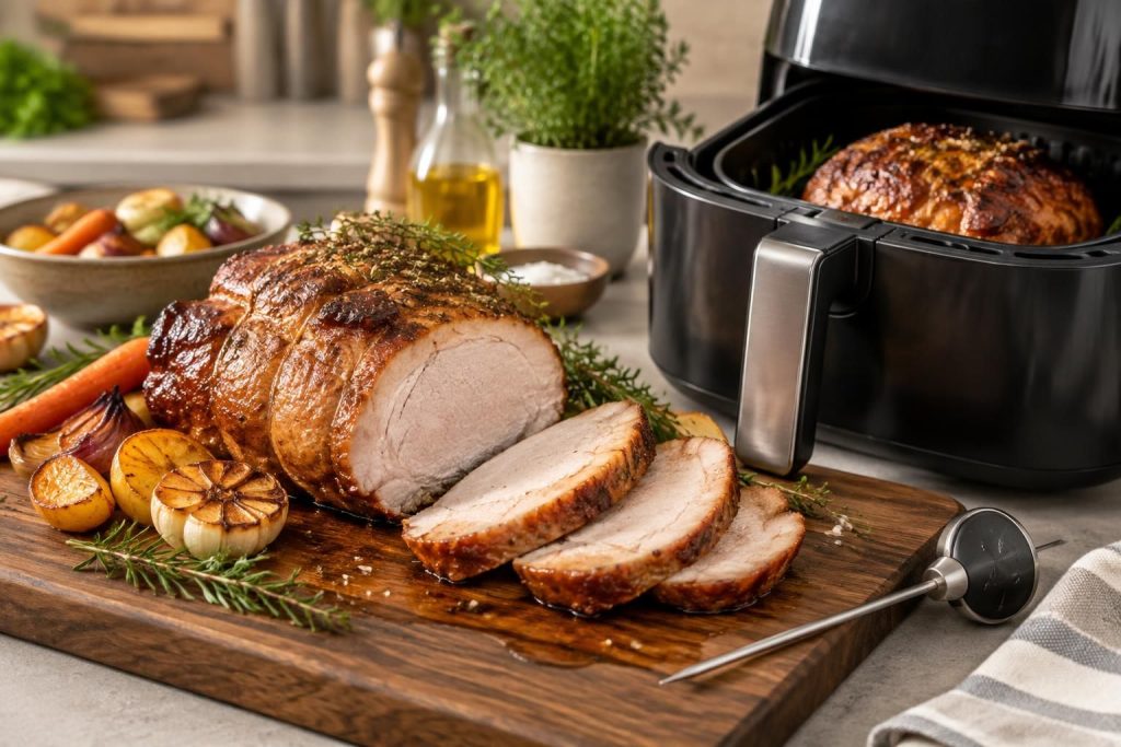 découvrez les temps de cuisson et les modes du ninja air fryer pour obtenir un rôti de porc tendre à cœur et bien doré à l’extérieur.